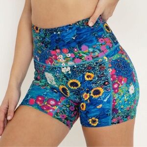 BlackMilk Klimt Collage Teal Floral Sunflower Water Color Bike Shorts, Small